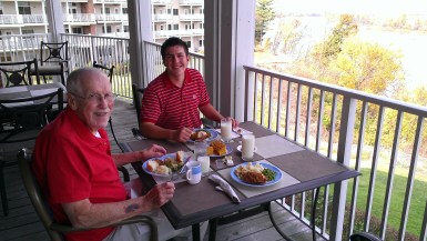 Dad is enjoying breakfast with his grandson and my nephew Patrick Yorkgitis at Heisinger Bluffs, where my father lived from 2007 to 2013. Heisinger and its sister facility, St. Joseph,  held a memorial service  in honor of deceased residents. 